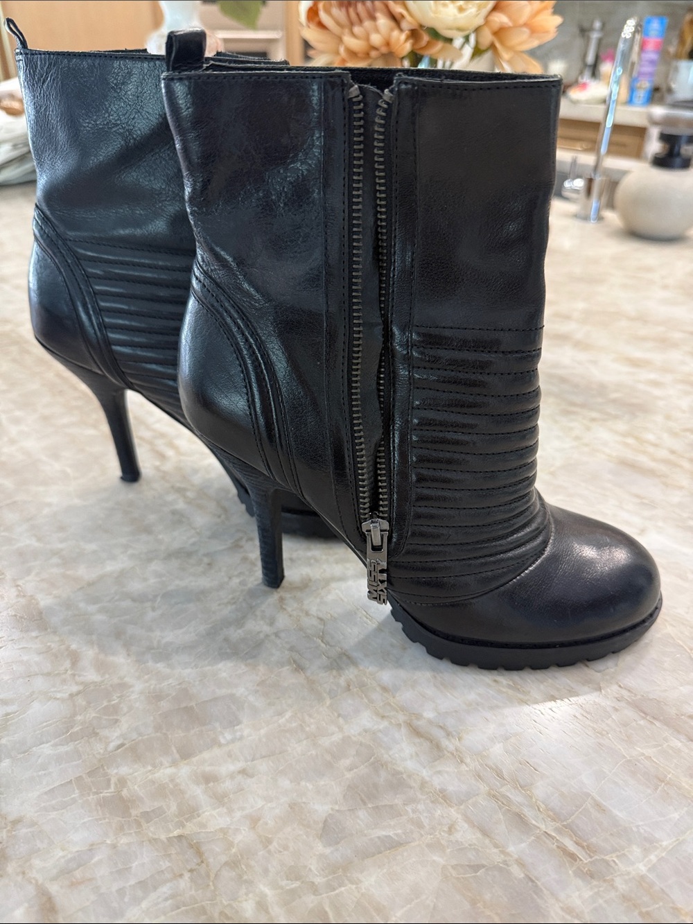 Miss Sixty Black Leather Zip Ankle Booties with Ribbed Detail
